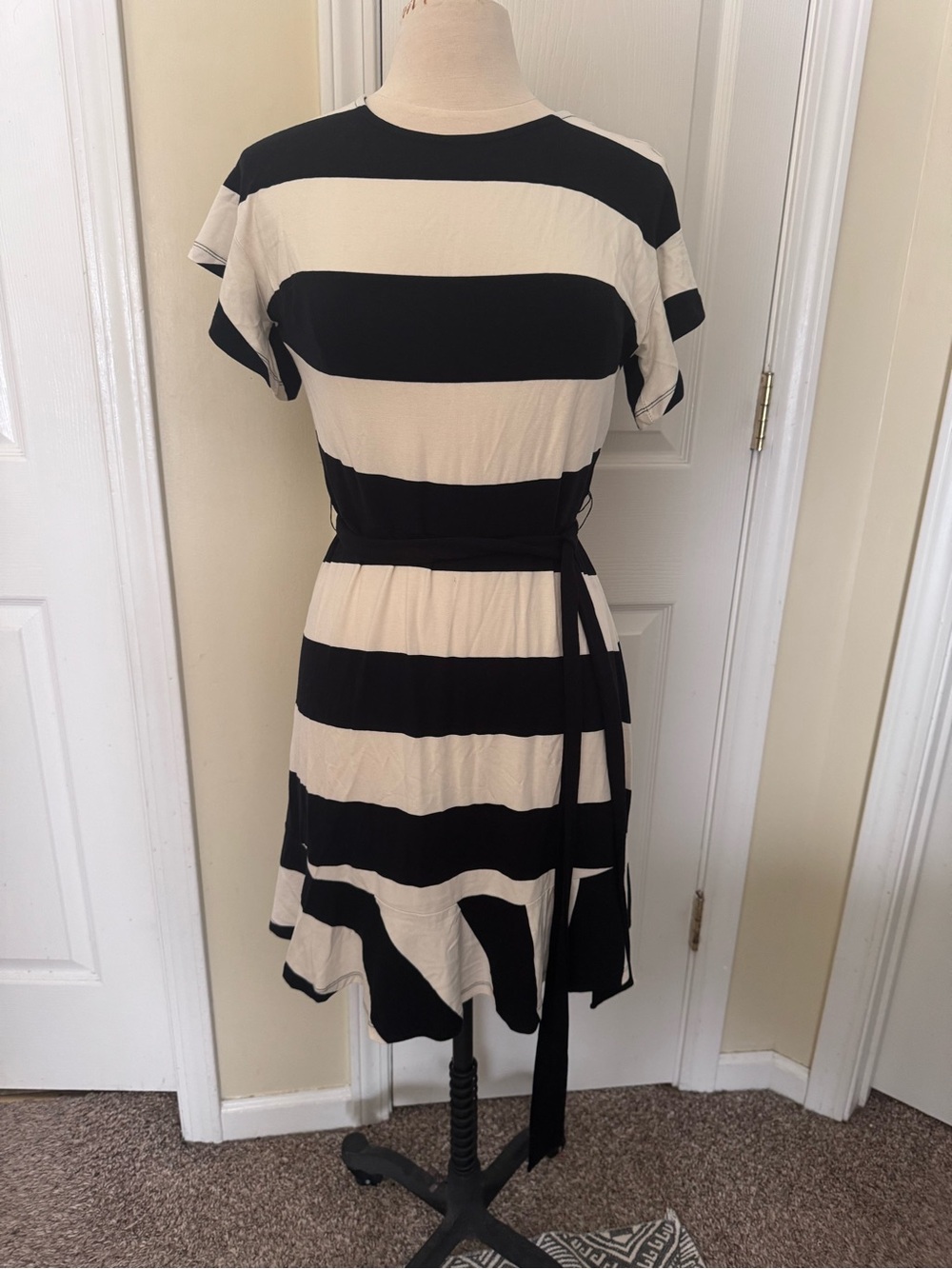 LOFT Black and Cream Striped Tie-Waist Mini Dress